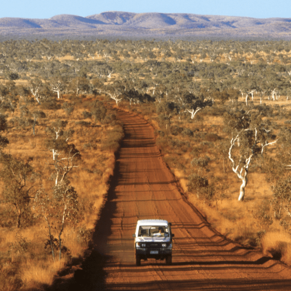 Australia and Oceania Land Rover going on a long dirt road in the Outback