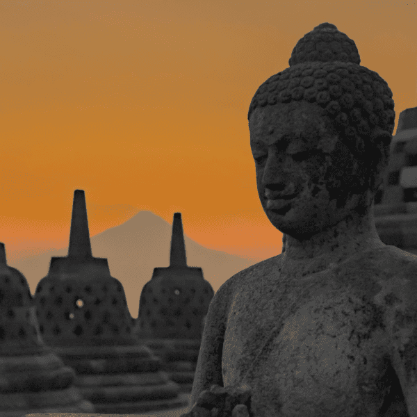 Buda and temples in background during sunset in Indonesia
