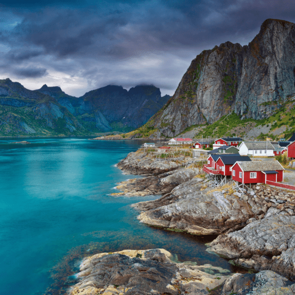 Norway village with mountains, inlet and small fishing village