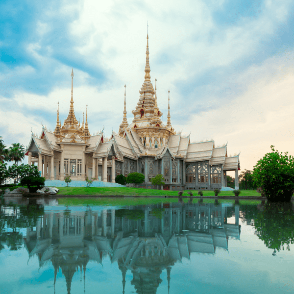 Thailand Temple in front of a large lake with a reflection in the water
