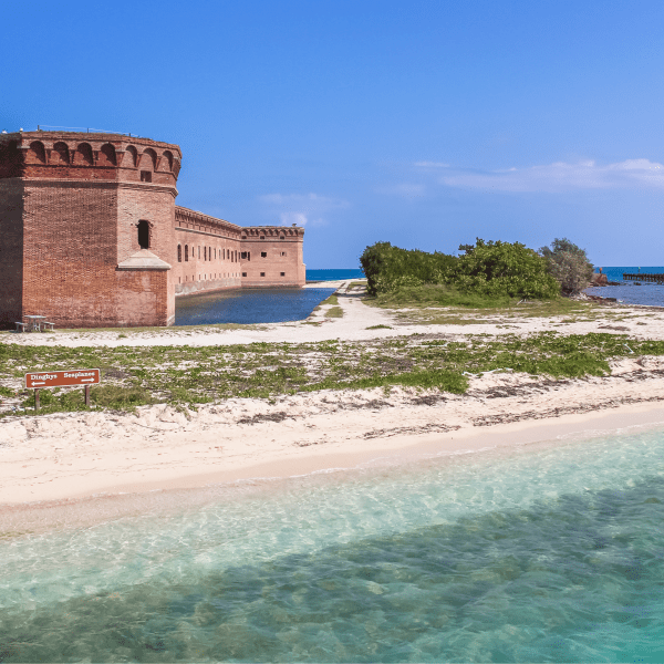 the fort at dry tortugas national park with water and a red brick fort