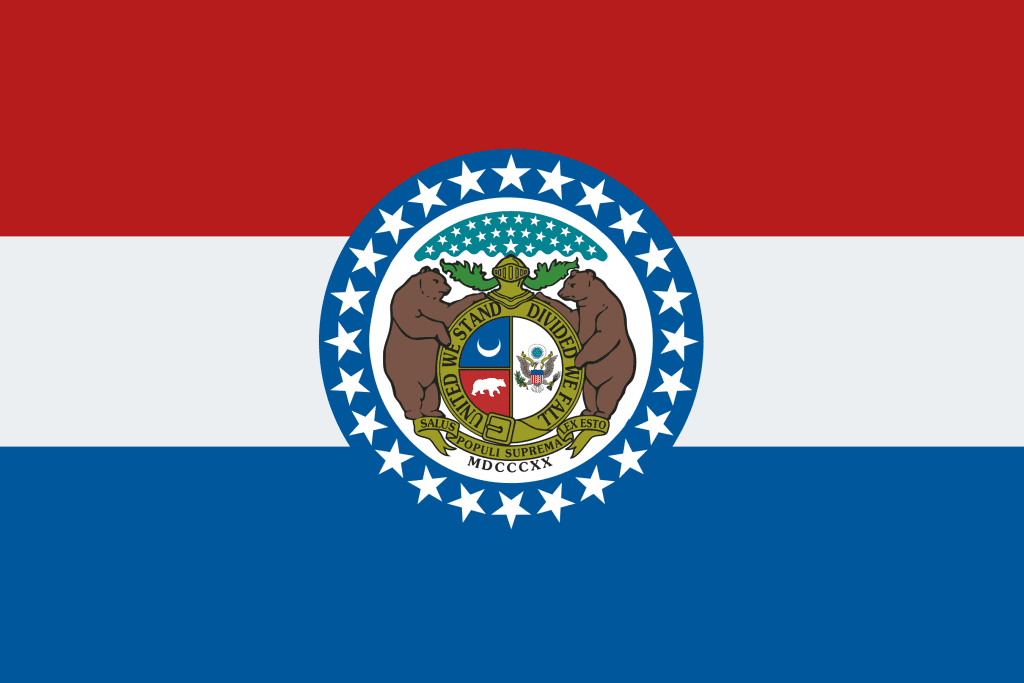 Red, white, and blue flag with center emblem