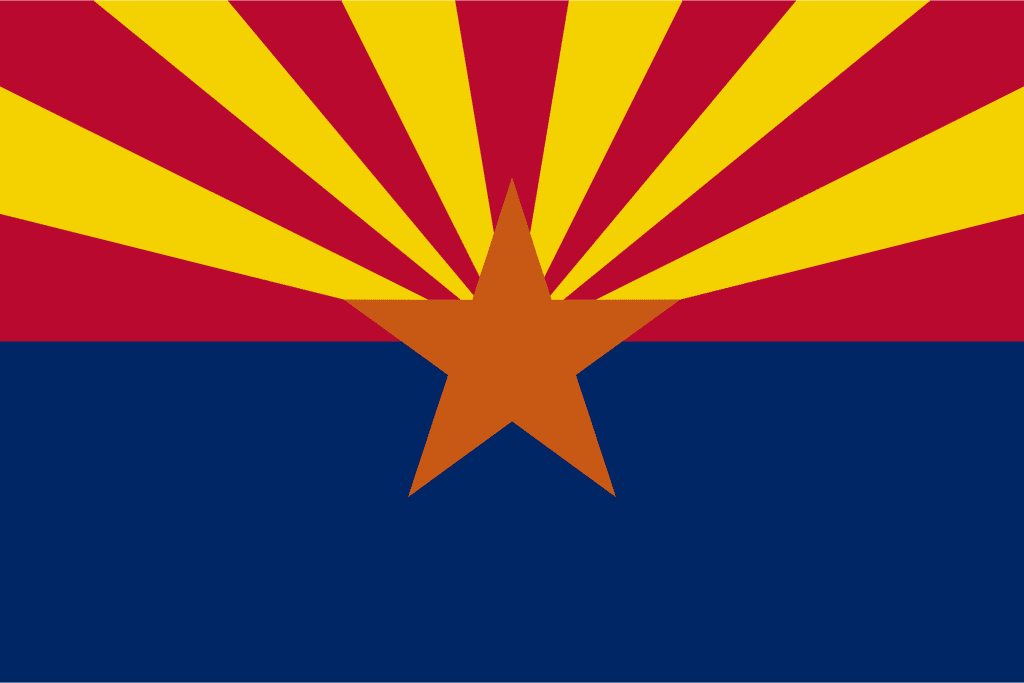 Flag with blue bottom, orange star and yellow and red starburst, which is the Arizona state flag