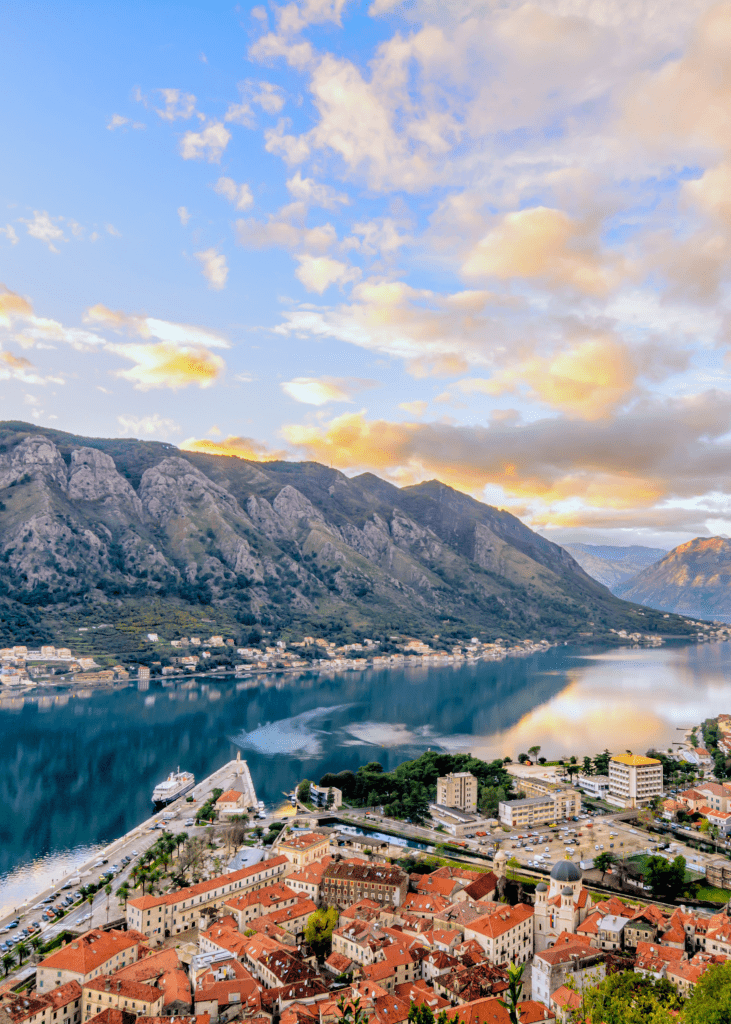 montenegro harbor with clouds and beautiful blue water
