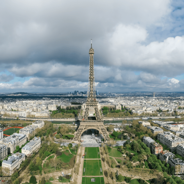 Drone shot of paris with Eiffel Tower, which is what france is famous for