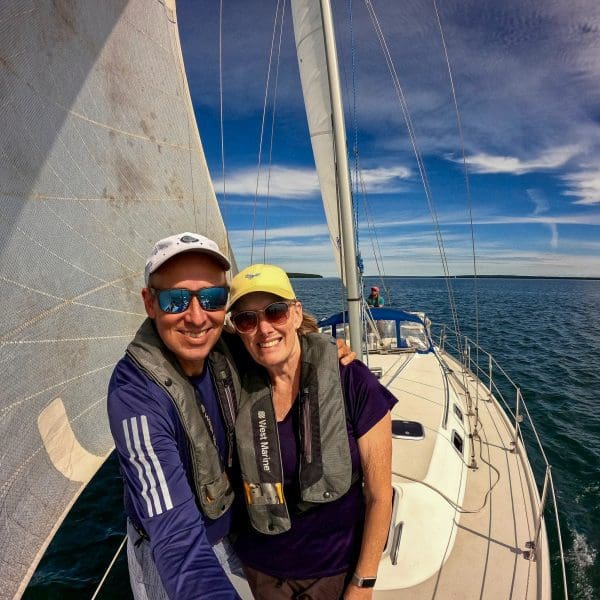 two people on sailboat in the Apostle Islands