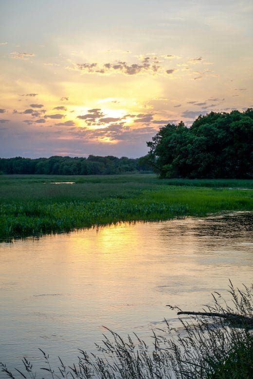 view of river flowing through Perrot State Park at sunset