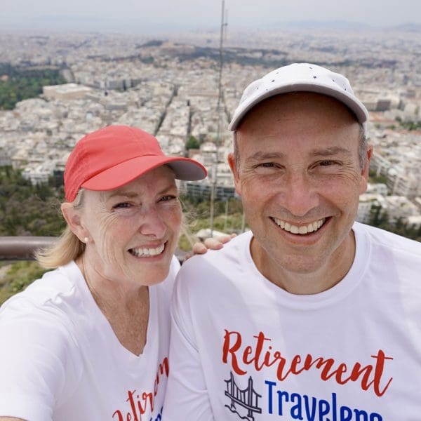 bev & John on top of hill overlooking Athens