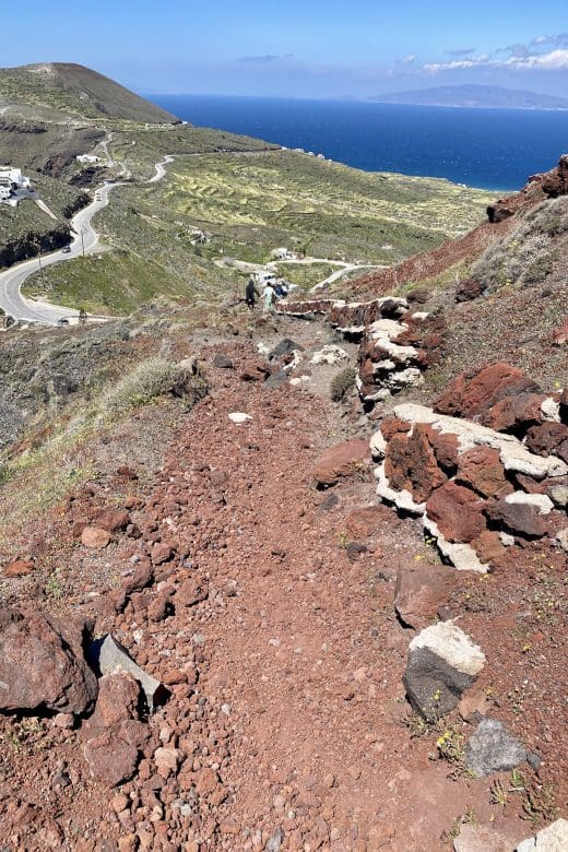 rocky path on hike from Fira to Oia in Santorini, Greece, which is the best hike on Santorini island