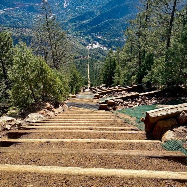 looking down the stairs of the top of the Manitou incline in Manitou Springs, Colorado