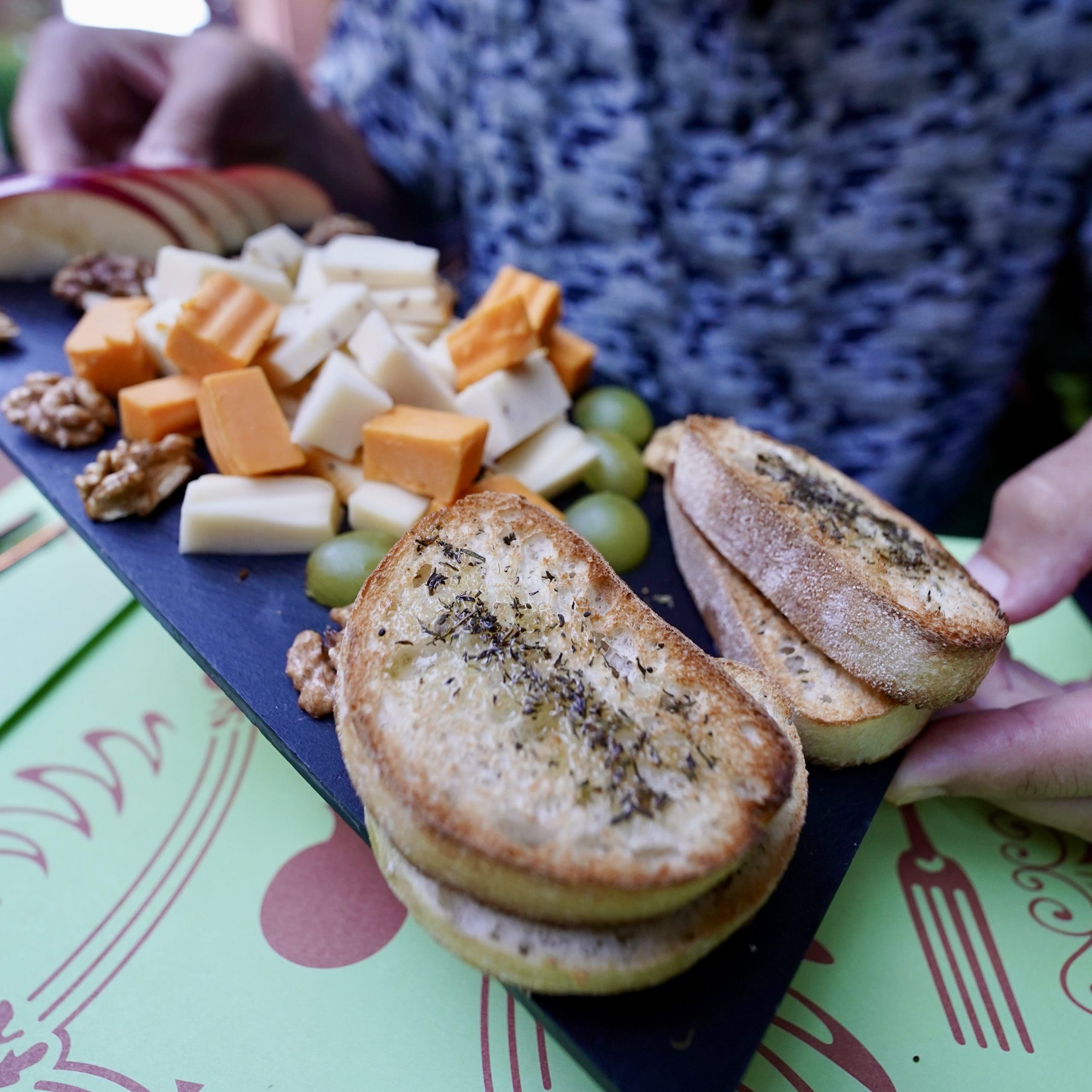 cheese and bread on platter
