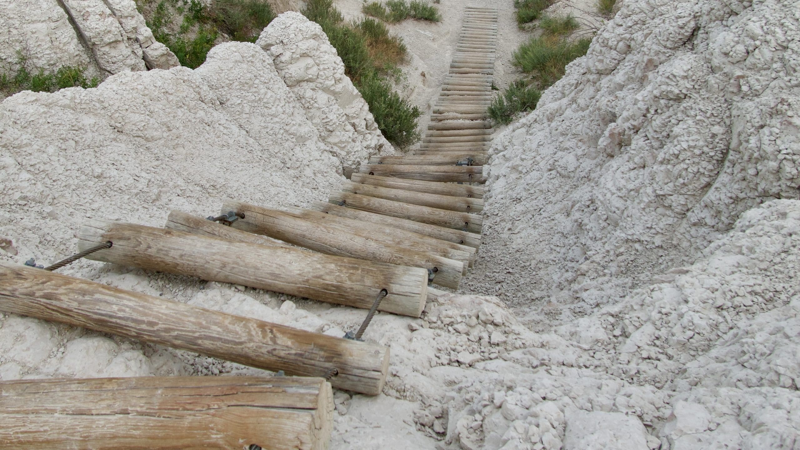 a wooden ladder with steel rope up the slope of a trail