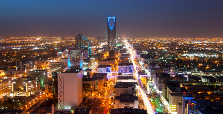 Aerial view of Nightlights and skyline of Riyadh, Saudi Arabia