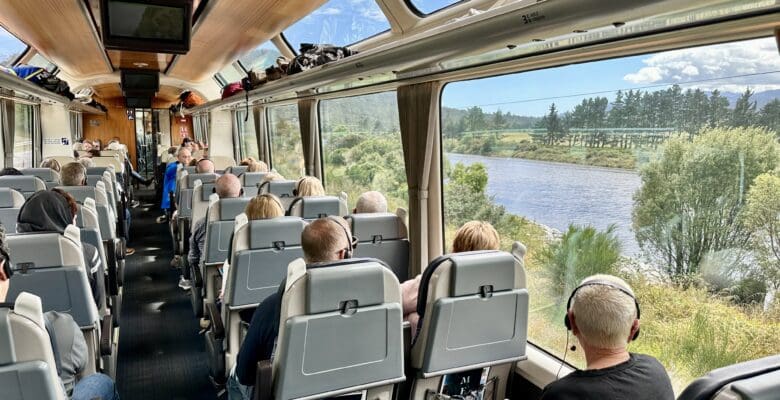 Inside view of passengers on the Northern Explorer train in New Zealand