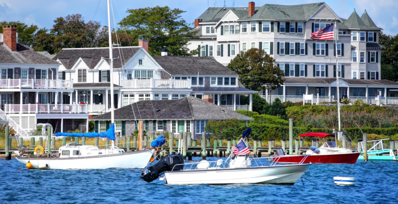 Seaside hotel with boats in the water in Martha's Vineyard, Massachusetts