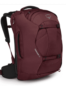 a burgandy travel pack from Osprey that is 40 L