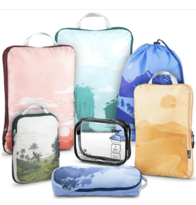 a colorful collection of packing cubes
